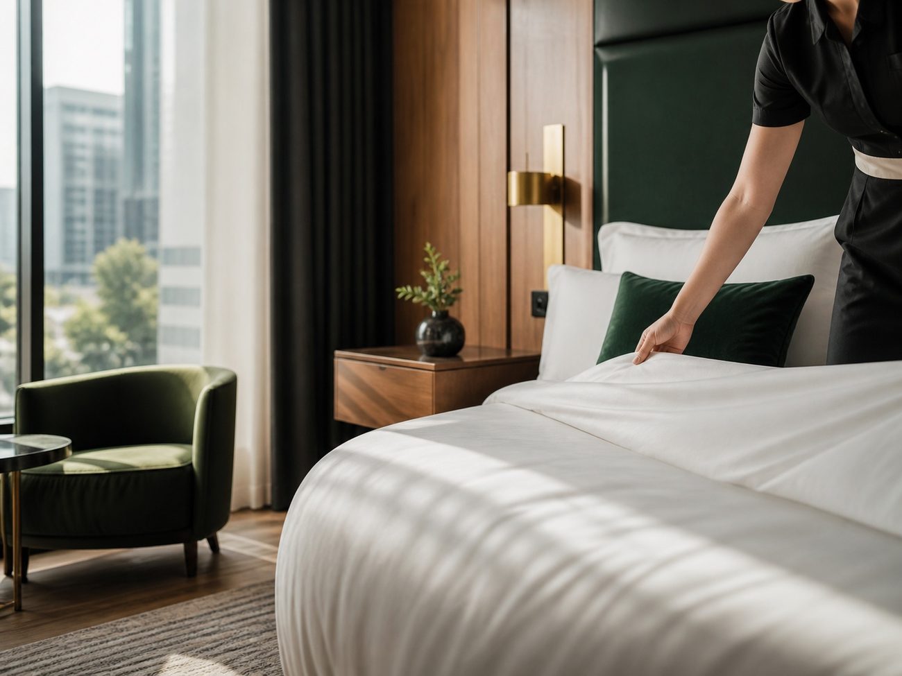 Fresh bed prepared for an arriving guest